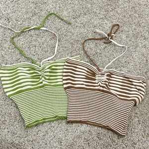 NWOT 2 Piece Striped Green and Brown Halter Tops Size M